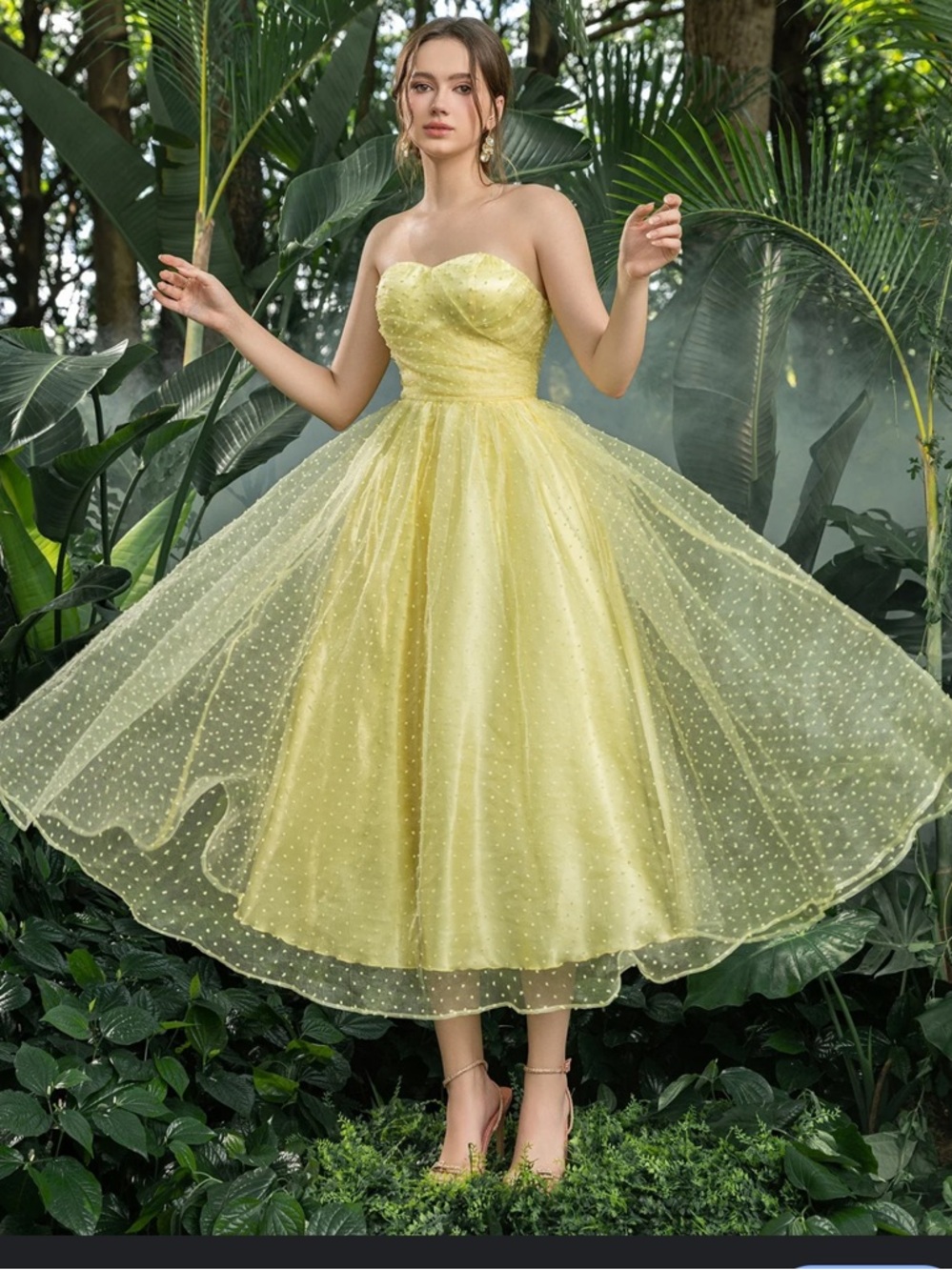 Strapless Yellow Tea-Length Tulle Dress #194